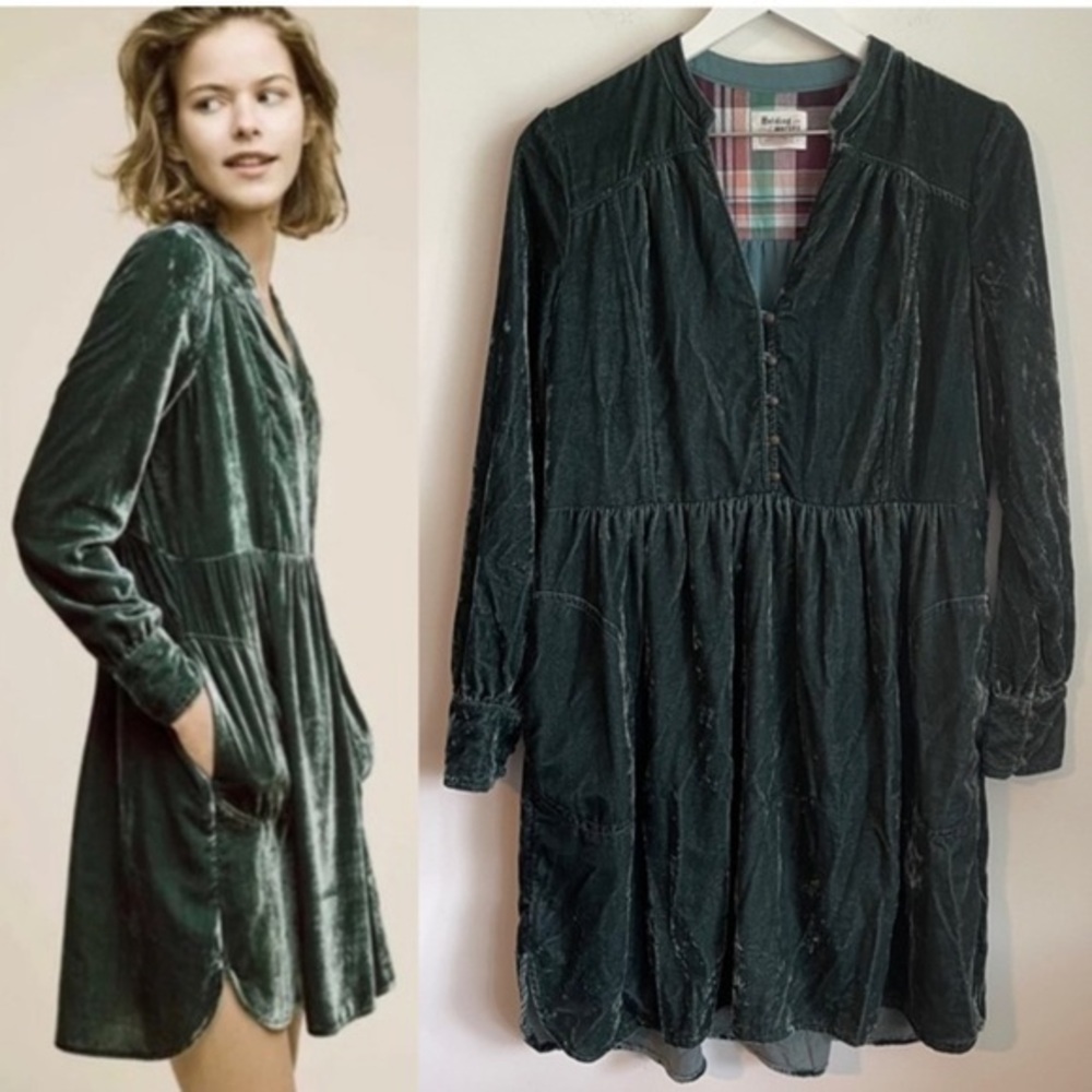 HOLDING HORSES Dark Green Velvet Woman,s Dress
